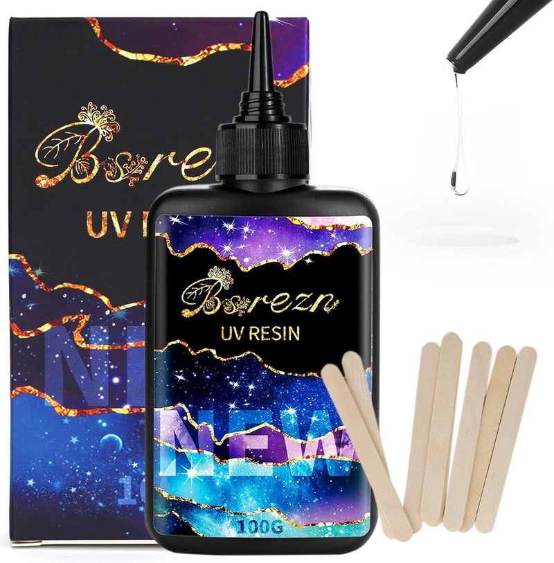 Bsrezn 100g UV Resin Hard with 8 Wooden Sticks for Jewelry Making (100g) - Image 1
